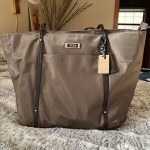 Tumi Women’s Nylon Zippered Travel Tote in Brown with Leather Handles